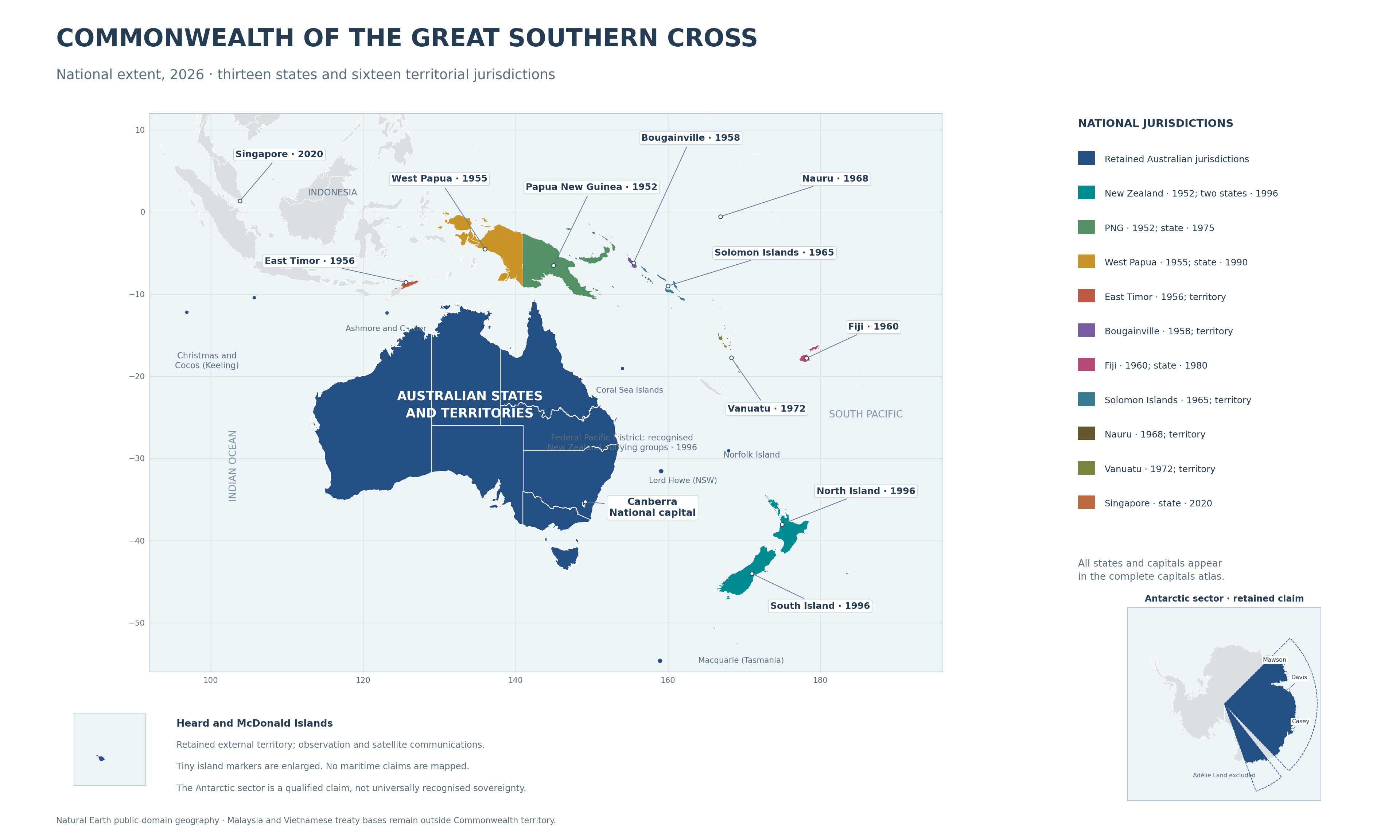 Complete national map including Singapore, Nauru, Solomon Islands and the Antarctic claim